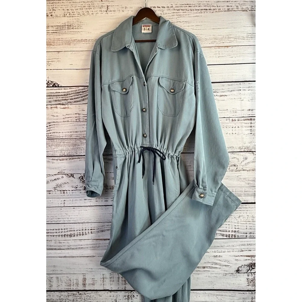 Vintage 90s Chambray Utility Jumpsuit L Cinched Waist Workwear Minimalist Button